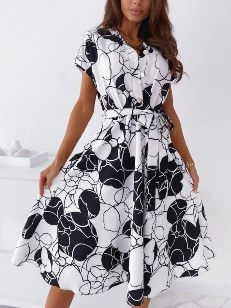 Women Loose Fitting Printed Shirt Dress With Belt Lapel