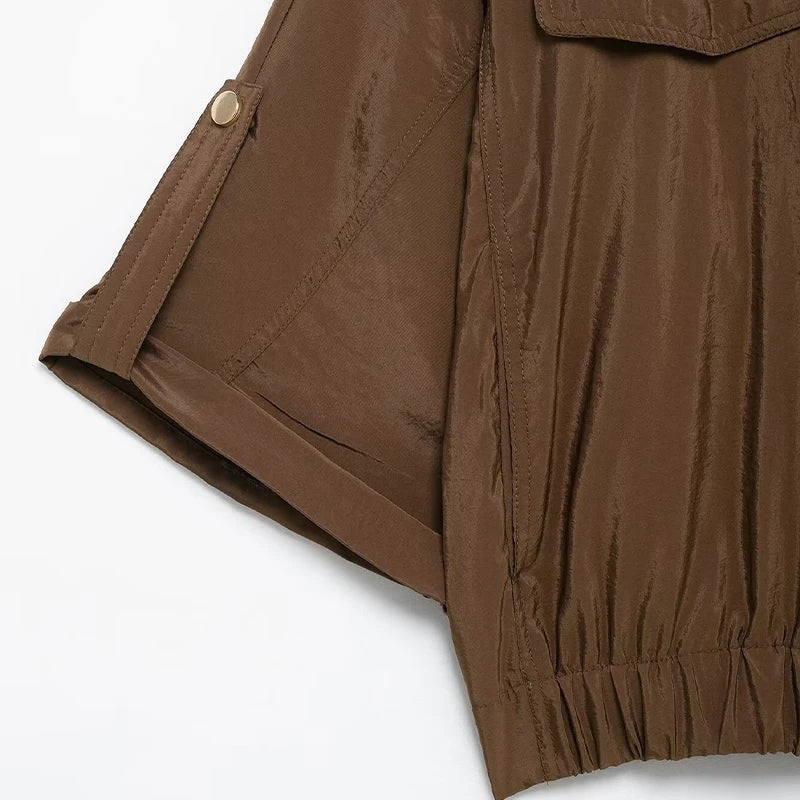 Chic Women's Brown Two Piece Set with Single Breasted Shirt and Vintage Elastic Waist Trousers