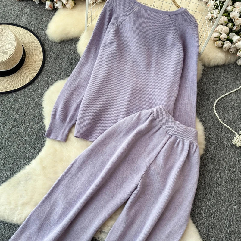 Cozy Knitted Two-Piece Women's Tracksuit Set with V-Neck Sweater and Straight Jogging Pants Autumn Winter Lounge Wear