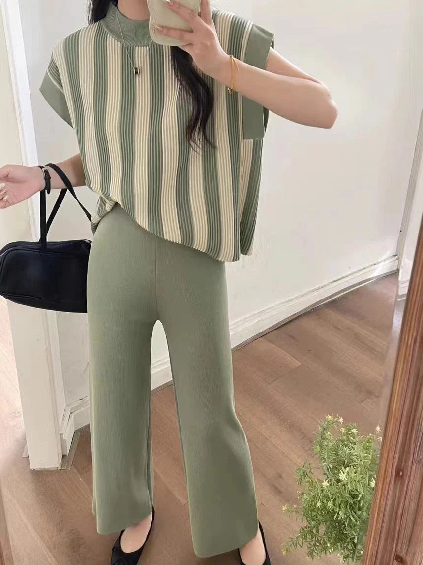 Women Casual Striped Sweater Pant Set Autumn Winter Knitted Short Sleeve Tops and Elastic Sweater Pants