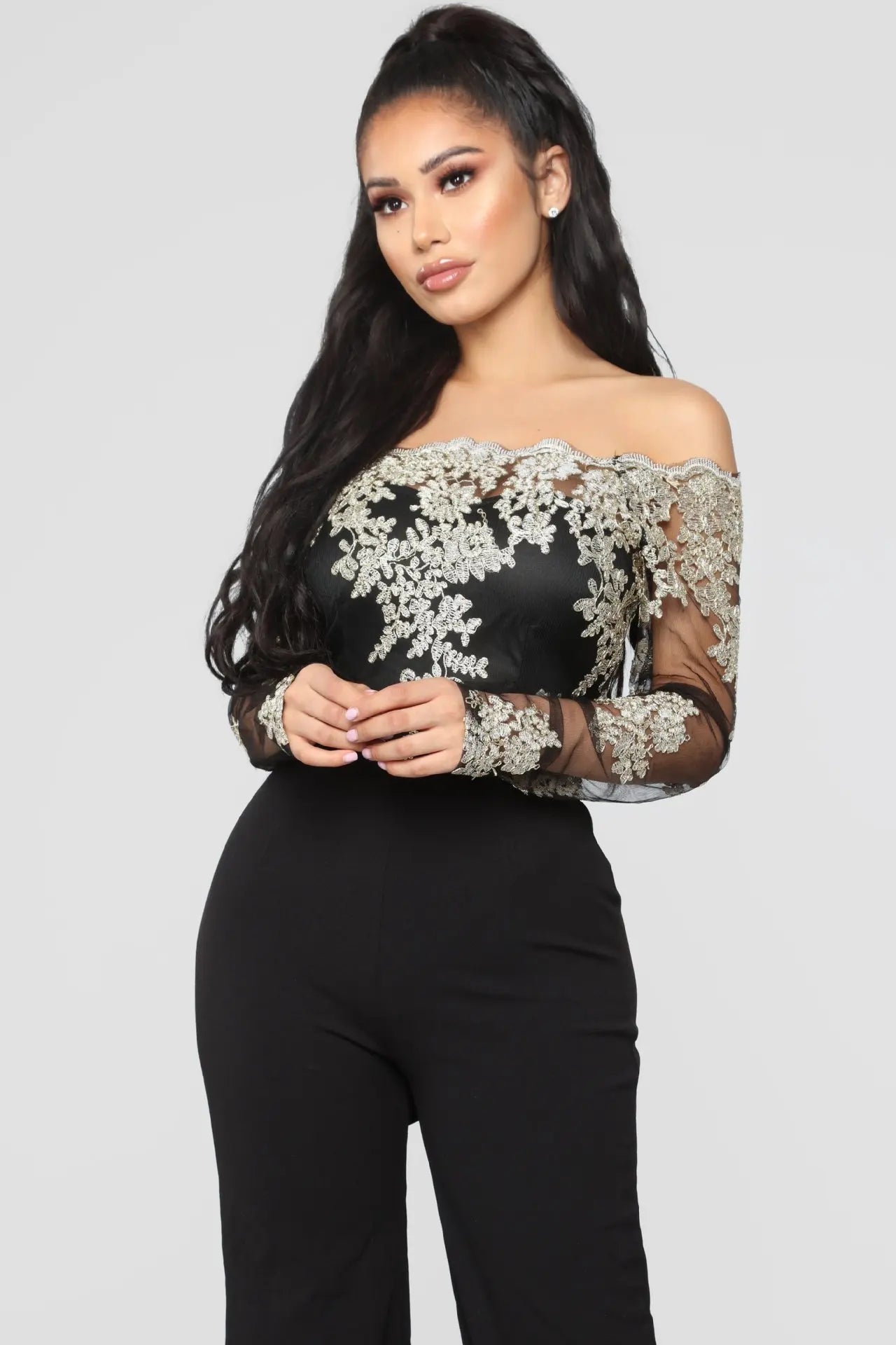 Appliques Lace Patchwork Off Shoulder Jumpsuit for Women with Slash Neck Long Sleeve and Elegant Wide Leg Pants Party Overalls