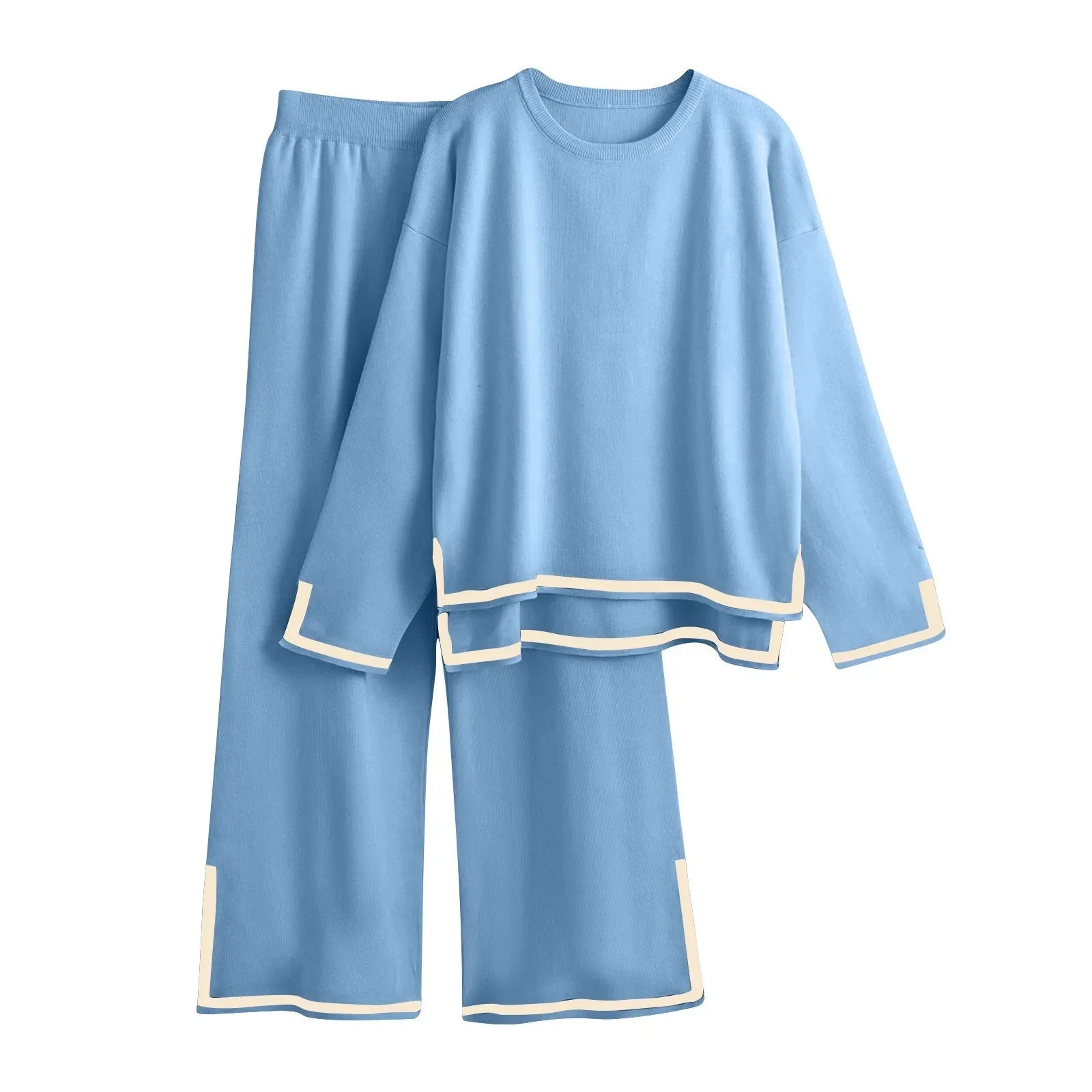 Knitted Women's Casual Two Piece Set with Long Sleeve Sweater and Wide Leg Pants for Comfortable Homewear