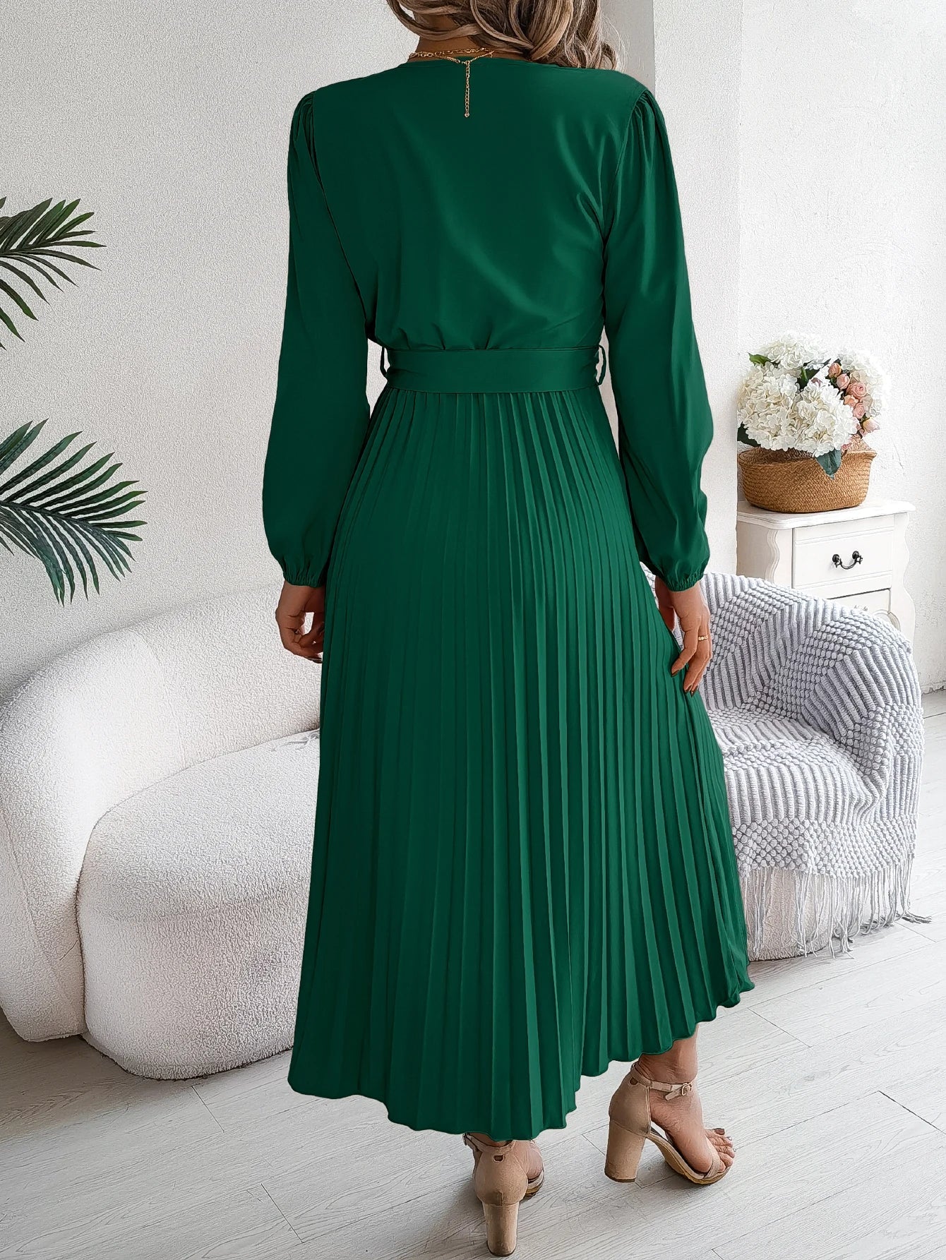 Elegant Autumn V Neck Belted Pleated Long Sleeve Dress