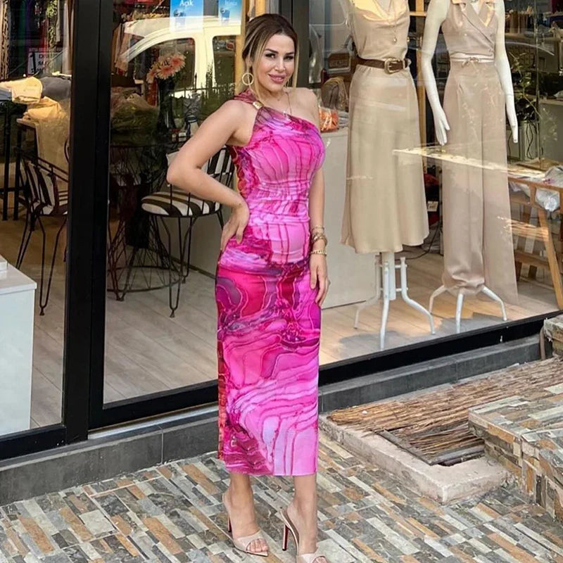 One Shoulder Backless Gradient Print Dress For Party