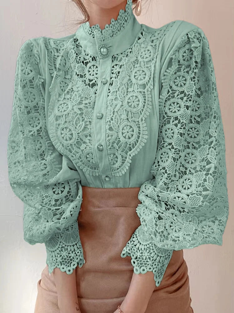 Elegant Hollow Out Long Sleeve Women Blouse with Petal Sleeves and Stand Collar, Stylish Office Shirt for Autumn Fashion