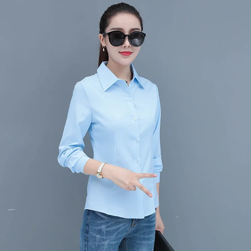 Elegant Slim Fit Blue Long Sleeve Blouse for Women Formal Office Shirt Basic Workwear Top