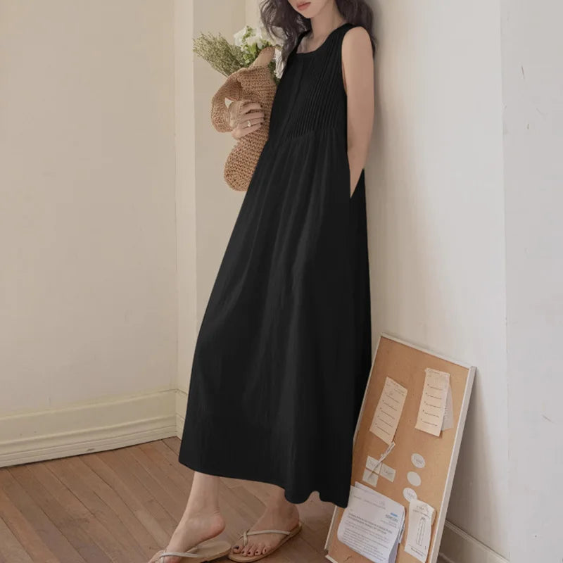 Sleeveless Pleated Long Sundress For Summer Beach Casual