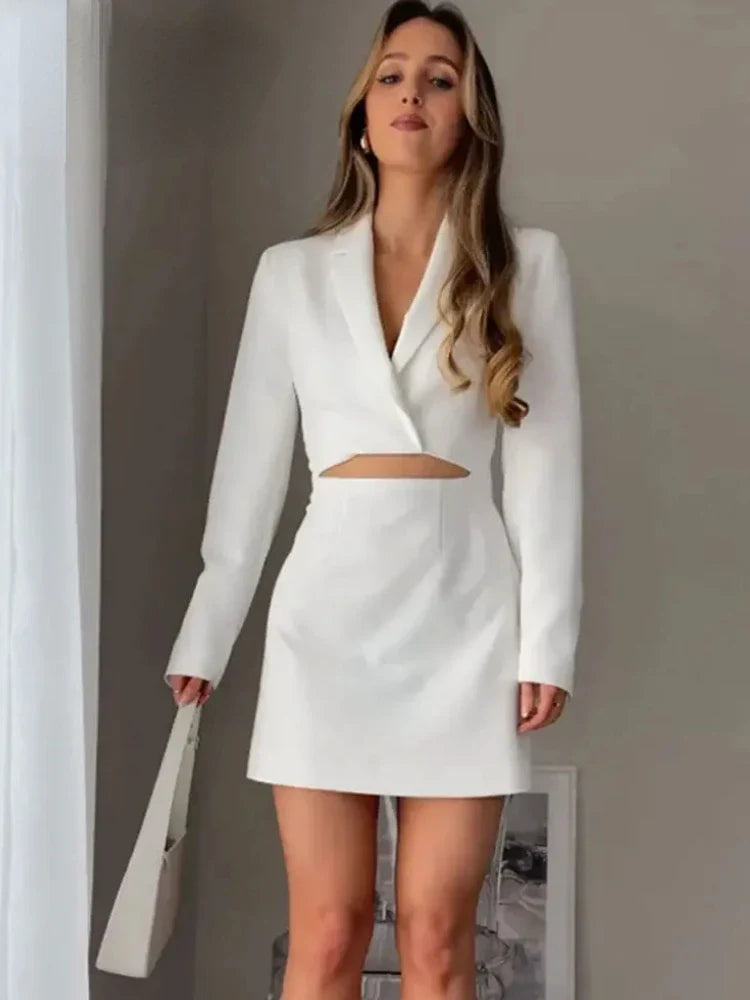 Hollow Out Mini Dress With Lapel Hidden Zipper High Waist