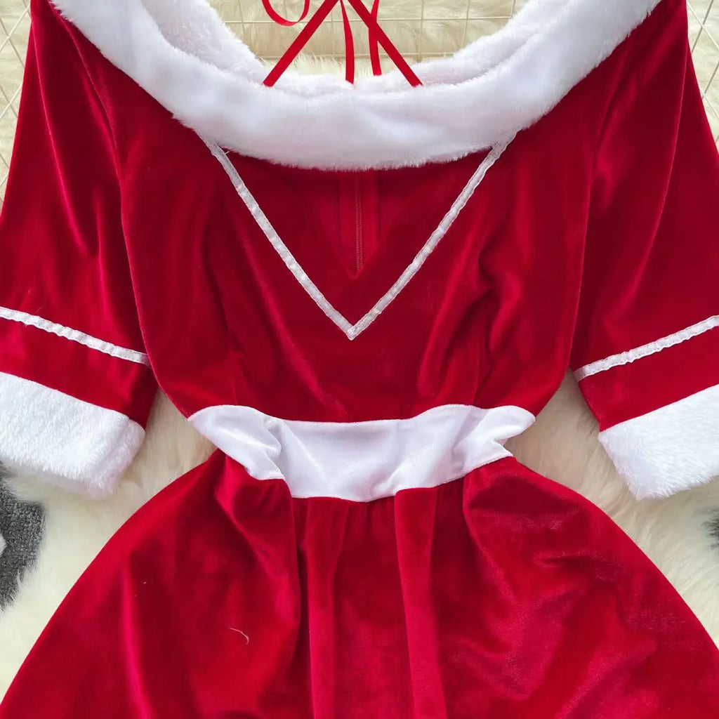 Sexy Christmas Cosplay Dress Red Halter Neck Mini Costume