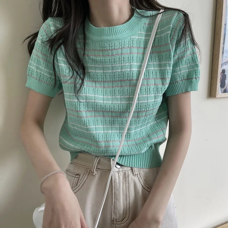 Summer Striped Women's Knitted Crop Top Casual O-Neck Short Sleeve T-Shirt Preppy Style Tees