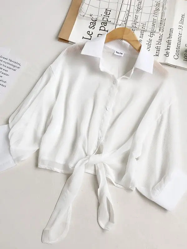 Women Buttoned Up Chiffon Blouse Tied Waist Crop Top Office Lady Shirt Thin and Lightweight