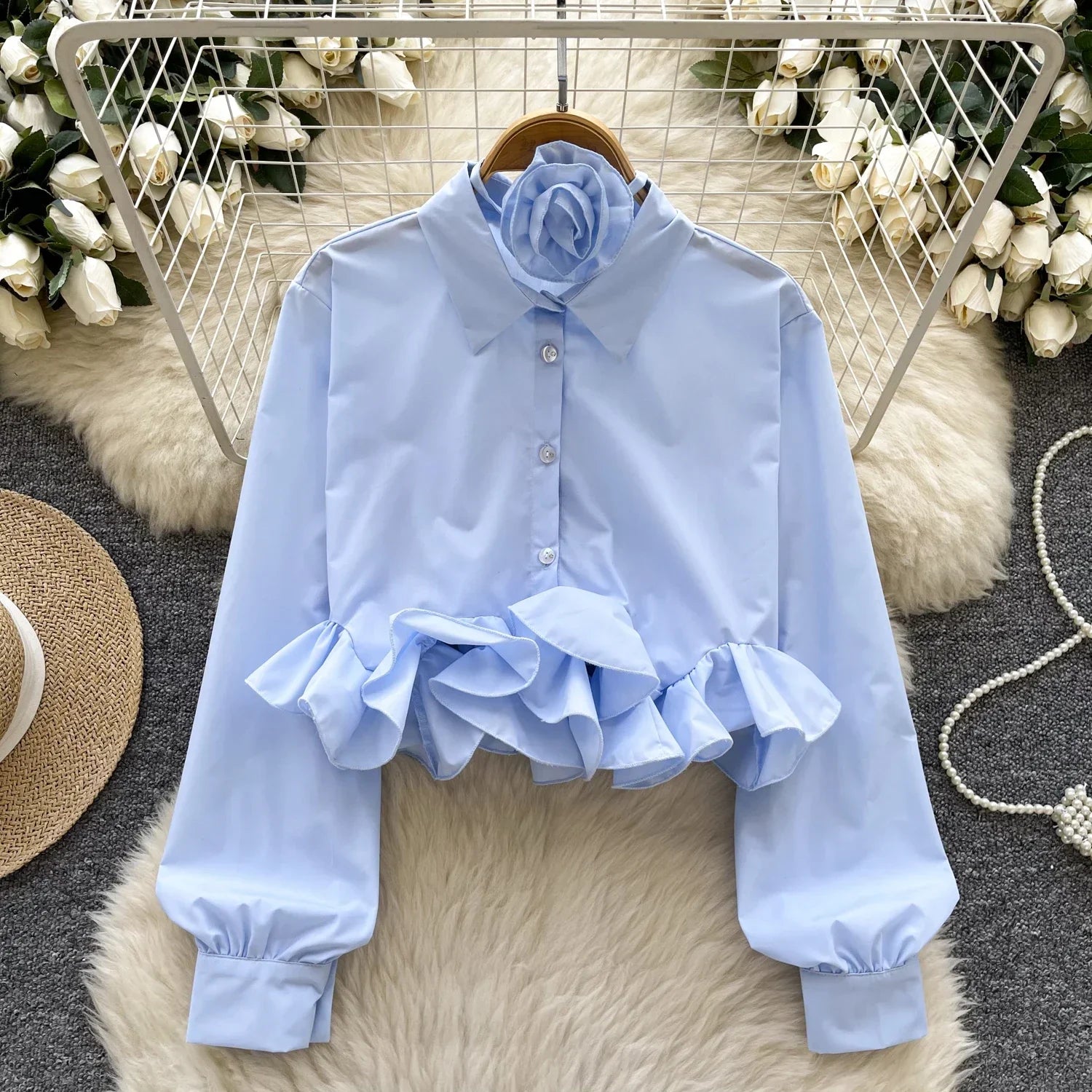 Women's 3D Floral Long Sleeve Blouse Single Breasted Turn-Down Collar Slim Fit Solid Color Shirt