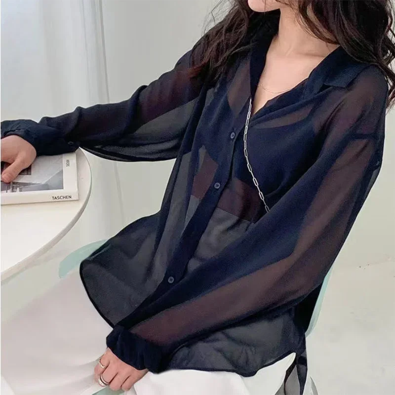 Women's Long Sleeve Chiffon Blouse Lightweight Sun-Proof Casual Top Simple Solid Color Basic Sexy Shirt
