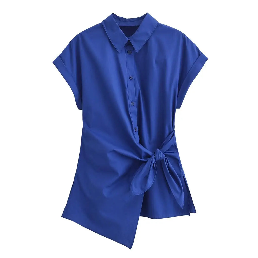 Women's Elegant Poplin Shirt Top with Versatile Waist Tie Detail Slimming Design Summer Fashion Blouse for Office and Casual Wear