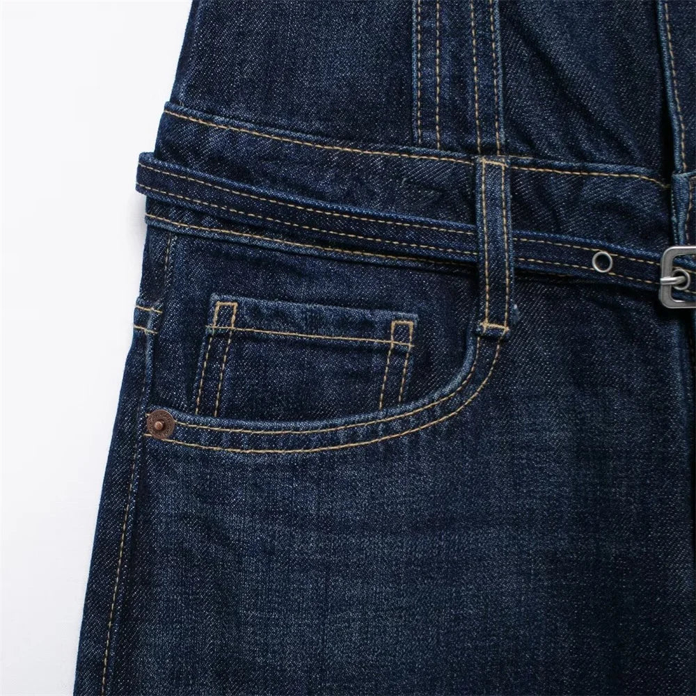 Loose Fitting Waist Belt Cotton Denim Long Jumpsuit for Women Comfortable Autumn and Winter Fashion