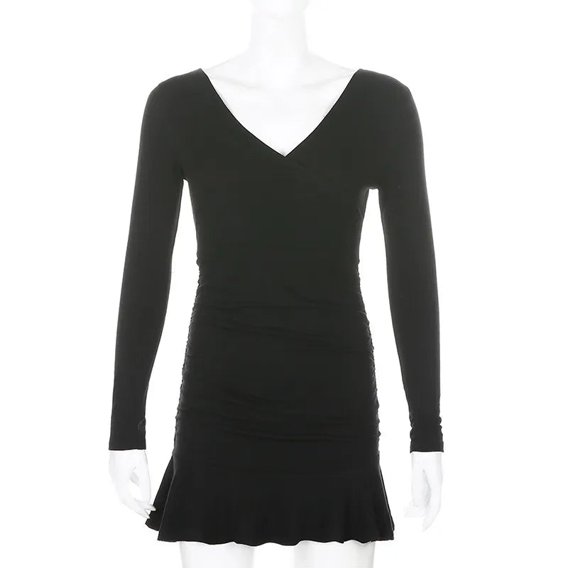 Womens V Neck Long Sleeve Slim Fit Dress With Ruffle Edge