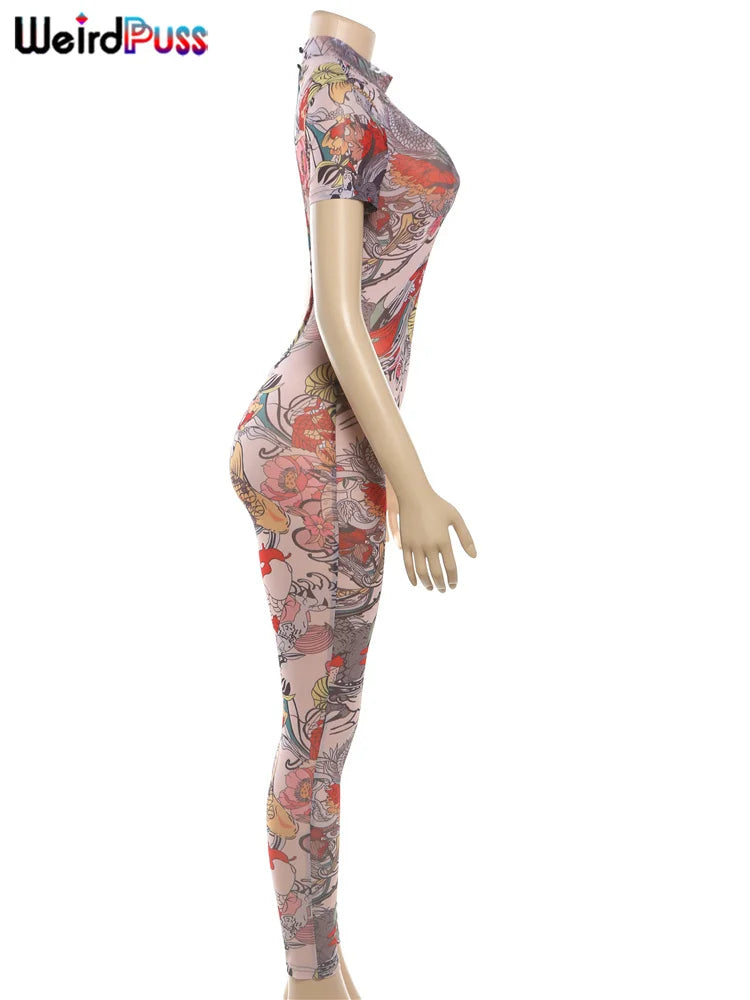Women's Backless Dragon Print See-Through Jumpsuit Slim Stretch Short Sleeve Workout Overalls Clubwear