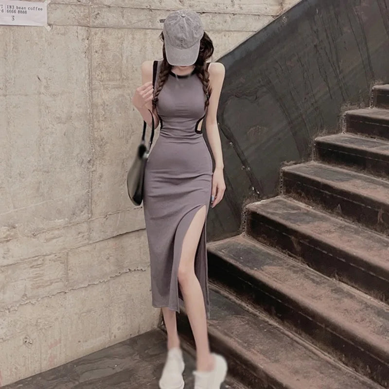 Sexy Sleeveless Bodycon Dress With Side Split O Neck
