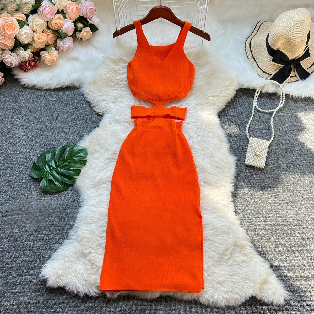 Sexy Hollow Out Waist Knitted Bodycon Summer Dress For Women