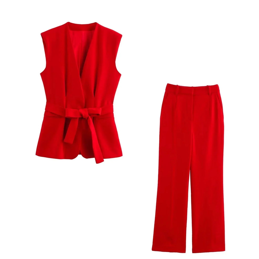 Red Vest Blazer Set For Office Lady With Wide Leg Pants