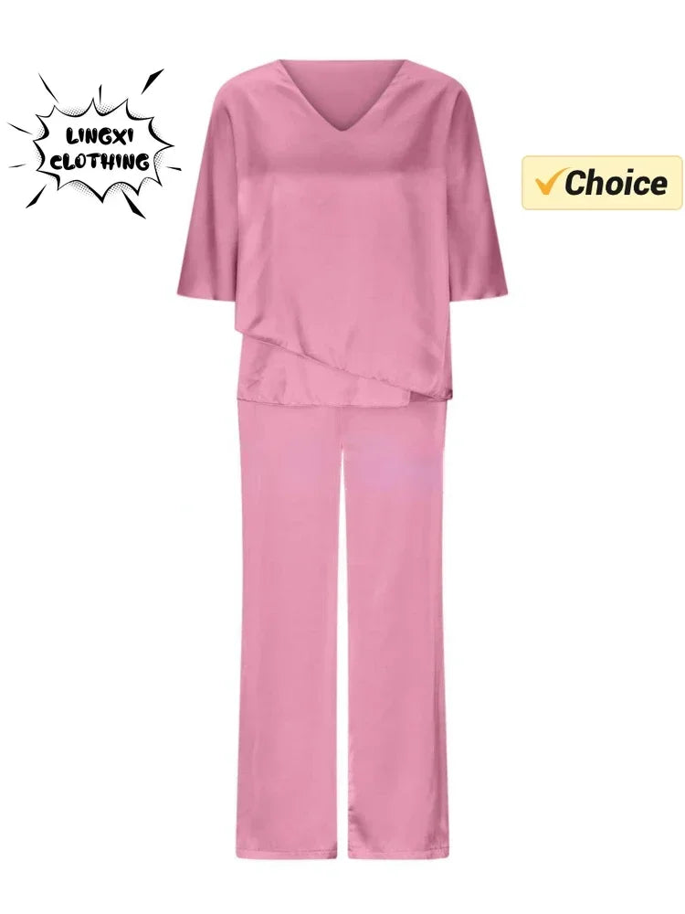 Elegant Women's Summer Two Piece Set with V-Neck Irregular Top and High Waist Wide Leg Pants in Solid Color