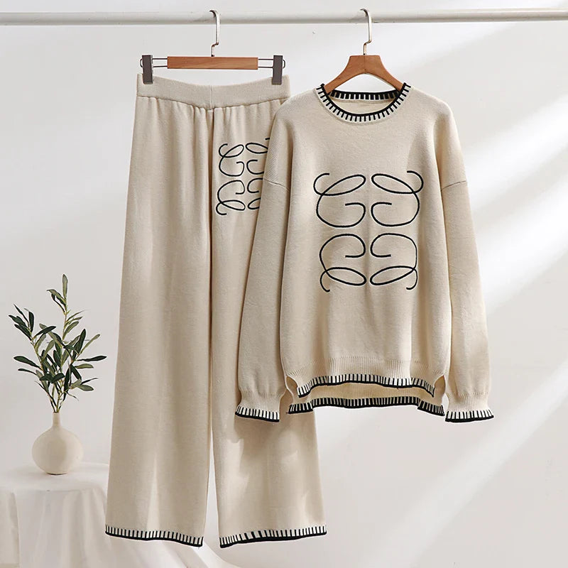 Casual Women Two Piece Tracksuit Set Thick Winter Sweatshirt and Pants Cozy Knitted Loungewear