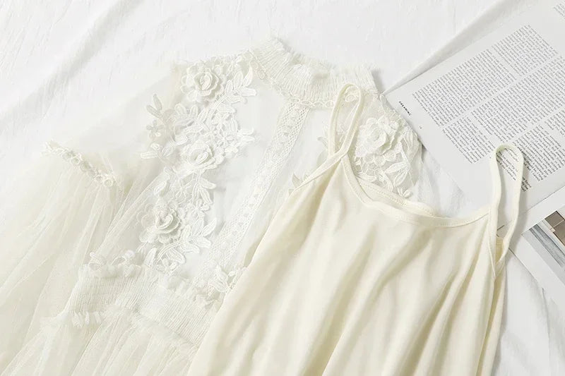 White Lace Mesh Dress With Lantern Sleeves For Women