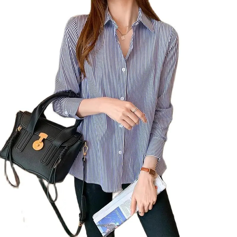 Women's Casual Long Sleeve Blouse Blue Striped Turn-Down Collar Lightweight Shirt for Spring and Summer