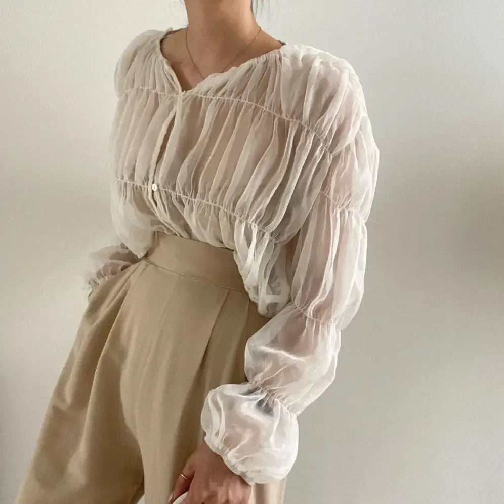 Loose Fit Chiffon Blouse for Women Pleated Sheer Long Sleeve Casual Summer Top with Elegant Folded Design