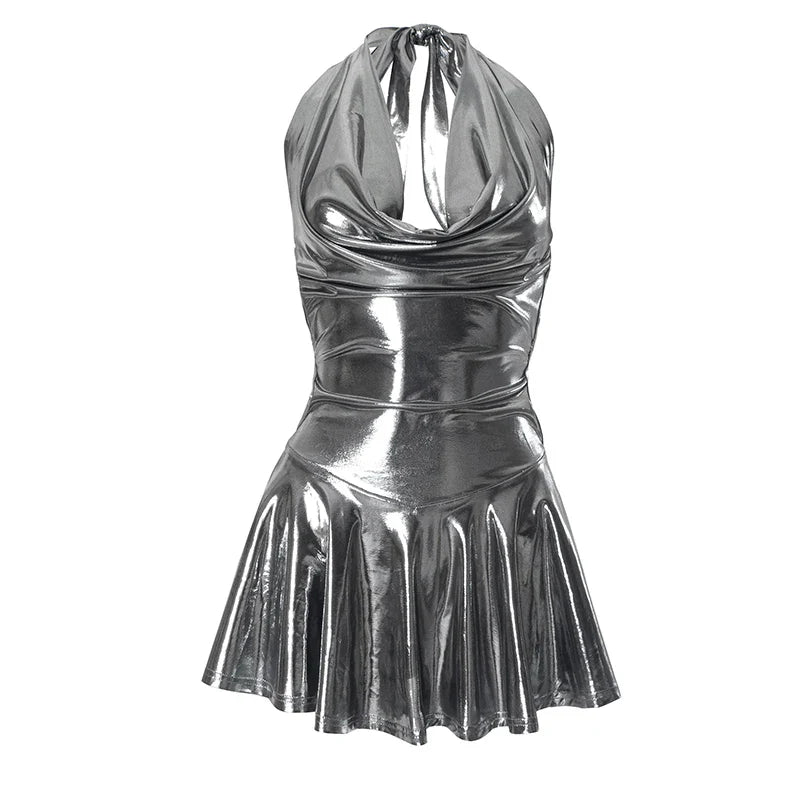 Metallic V Neck Backless Pleated Mini Dress For Women
