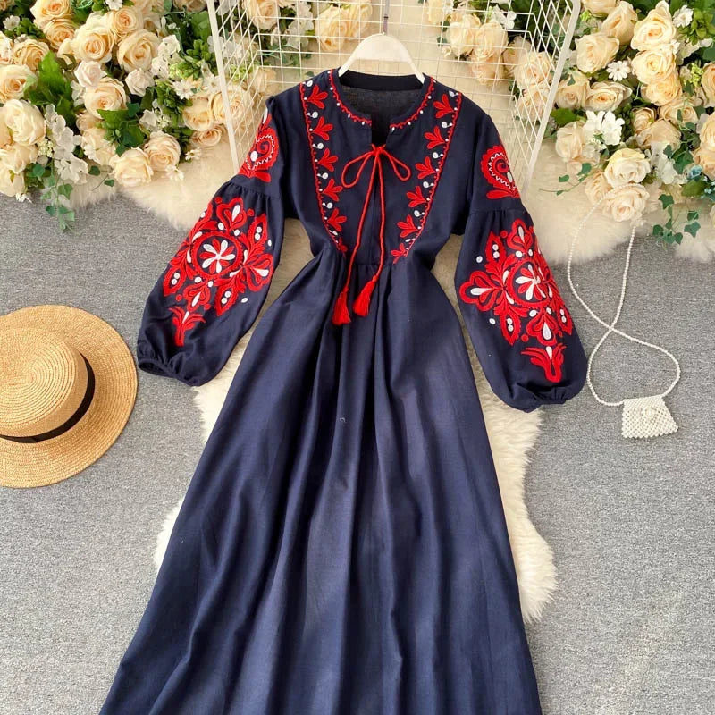 Bohemian Embroidered Floral Dress With Lantern Sleeve
