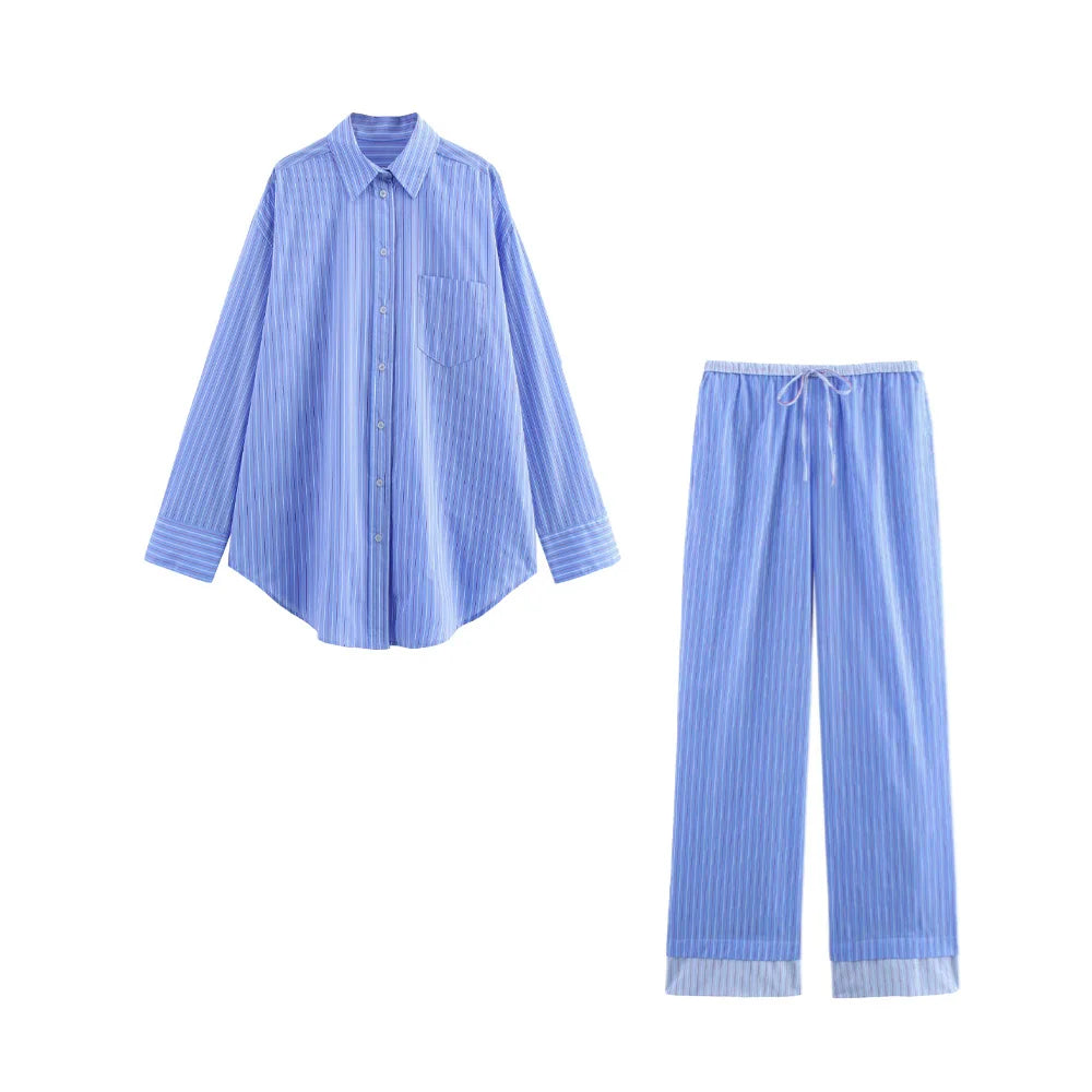Women's Casual Striped Loose Shirt and Pants Set for Spring and Summer Fashion