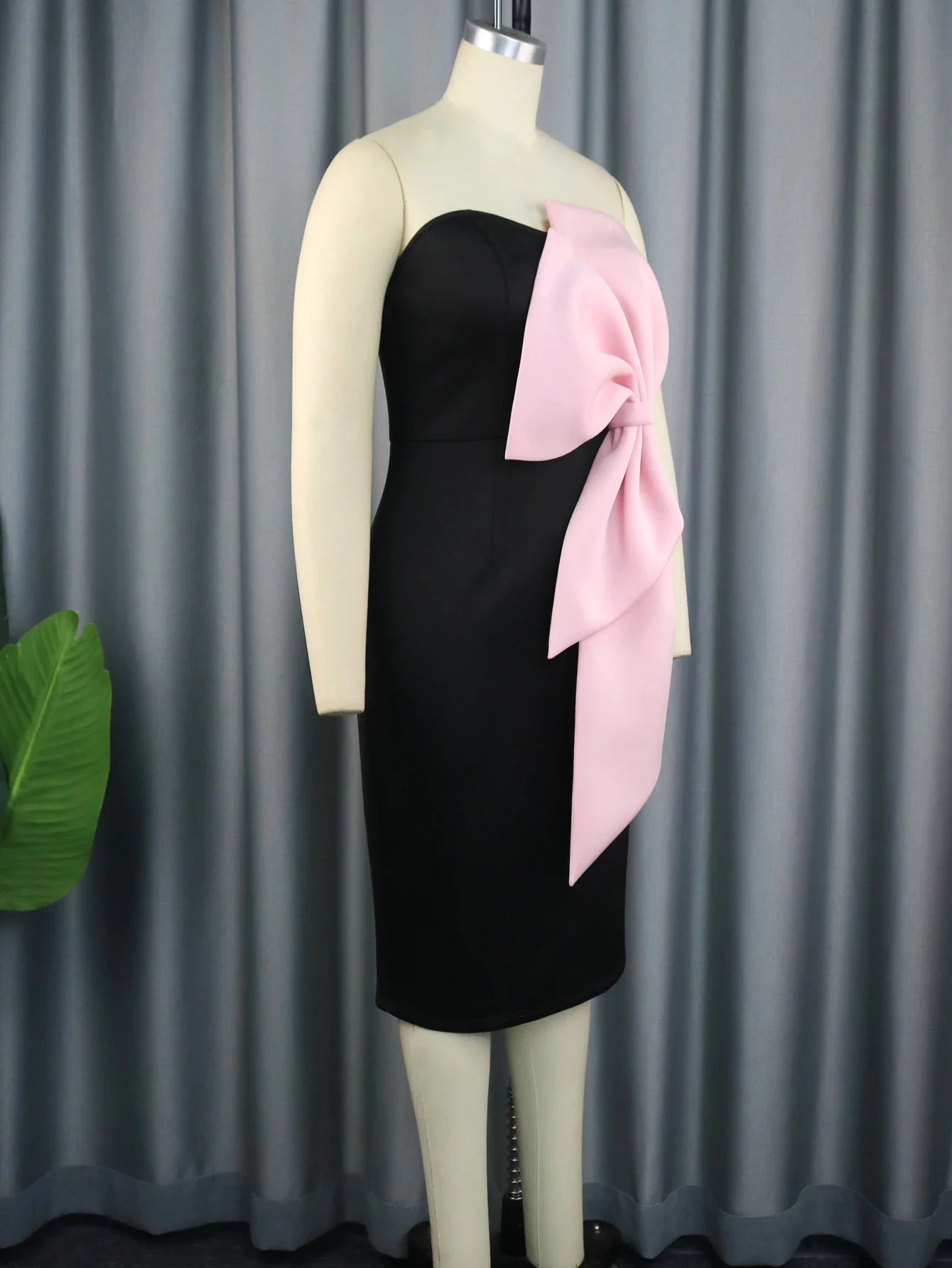 Bodycon Midi Party Dress Tube Top Black Pink Bow Patchwork