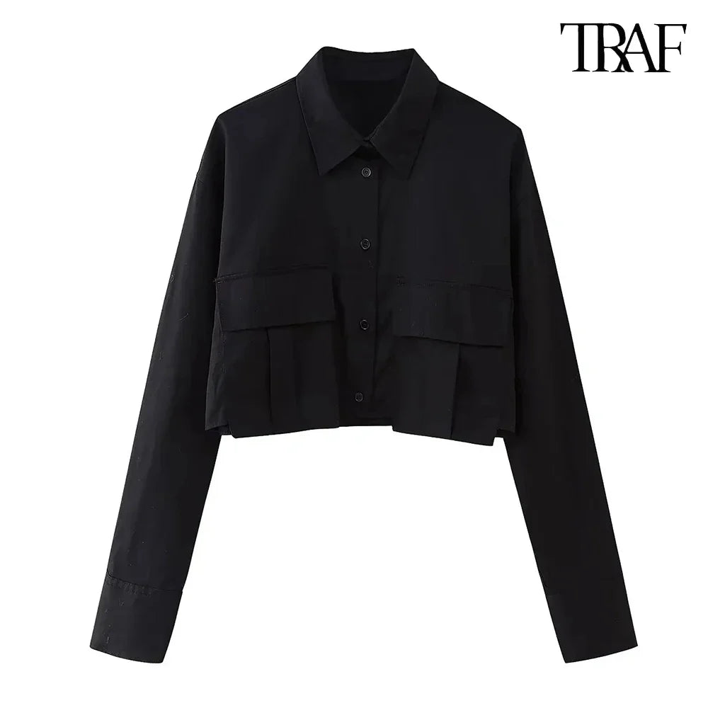 Women's Vintage Lapel Collar Patch Pocket Shirt Long Sleeve Single Breasted Casual Blouse Street Style Top