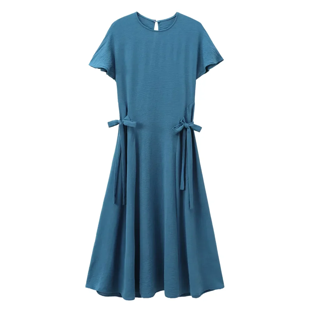 Slim Fit Short Sleeve Round Neck Midi Dress For Women