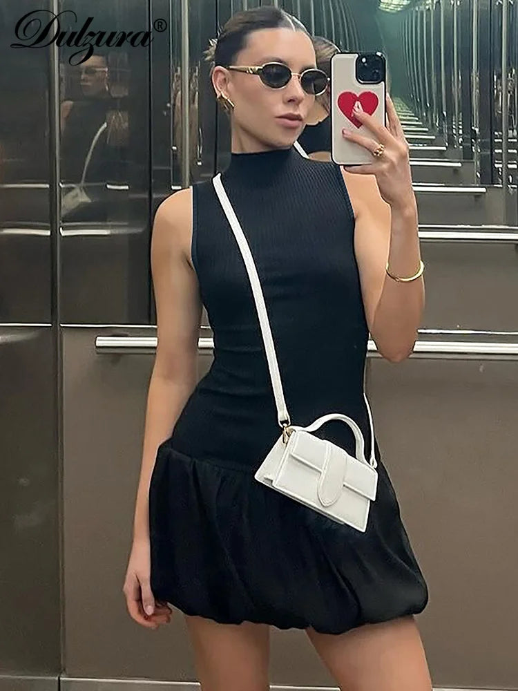 Ribbed Sleeveless Patchwork Bubble Backless Minidress