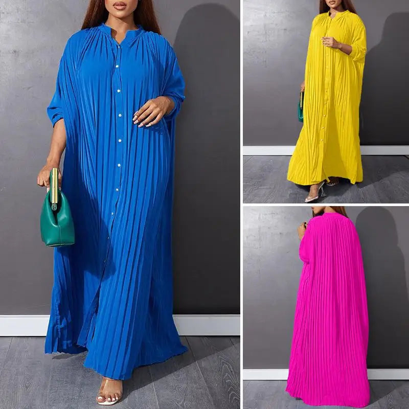 Plus Size Pleated Long Sleeve Dress For Autumn And Winter