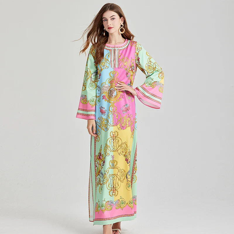 Bohemian Maxi Dress Floral Print Long Sleeve O Neck