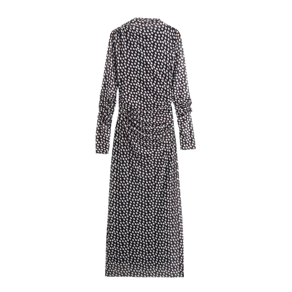 Long Sleeve Polka Dot Maxi Dress With Ruched Details