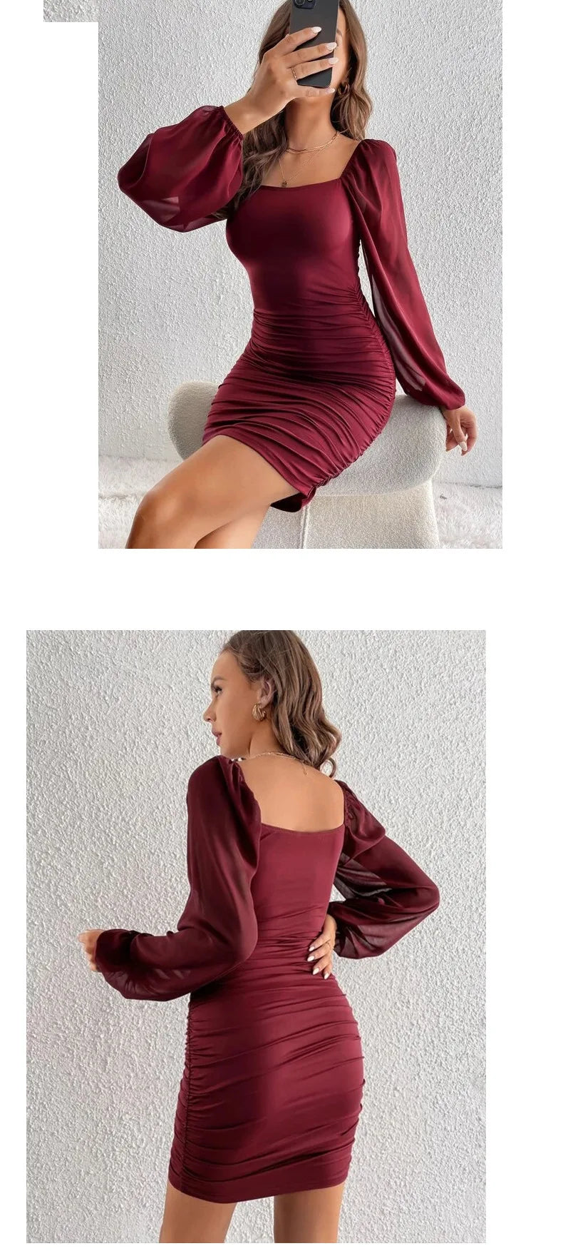 Square Collar Mesh Dress With Pleated Slim Fit Long Sleeve