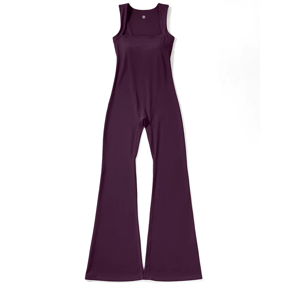 Women's Sleeveless Square Neck Bodysuit with Flared Pants Casual Fitness Jumpsuit Full Season Streetwear Playsuit