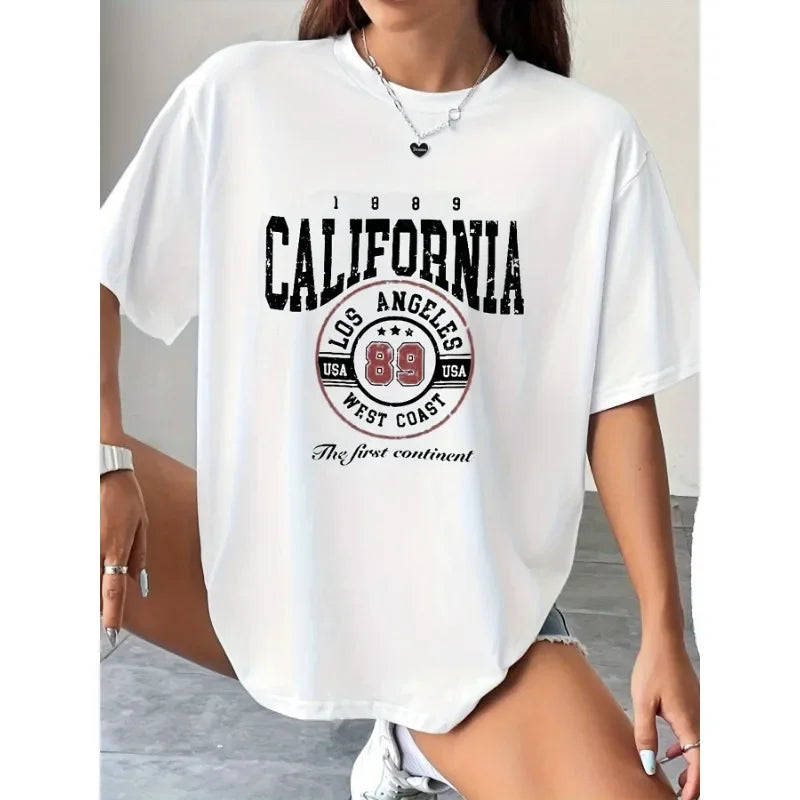 Summer Women Cotton T-Shirt with California Print Casual Top for Girls High Quality Daily Streetwear