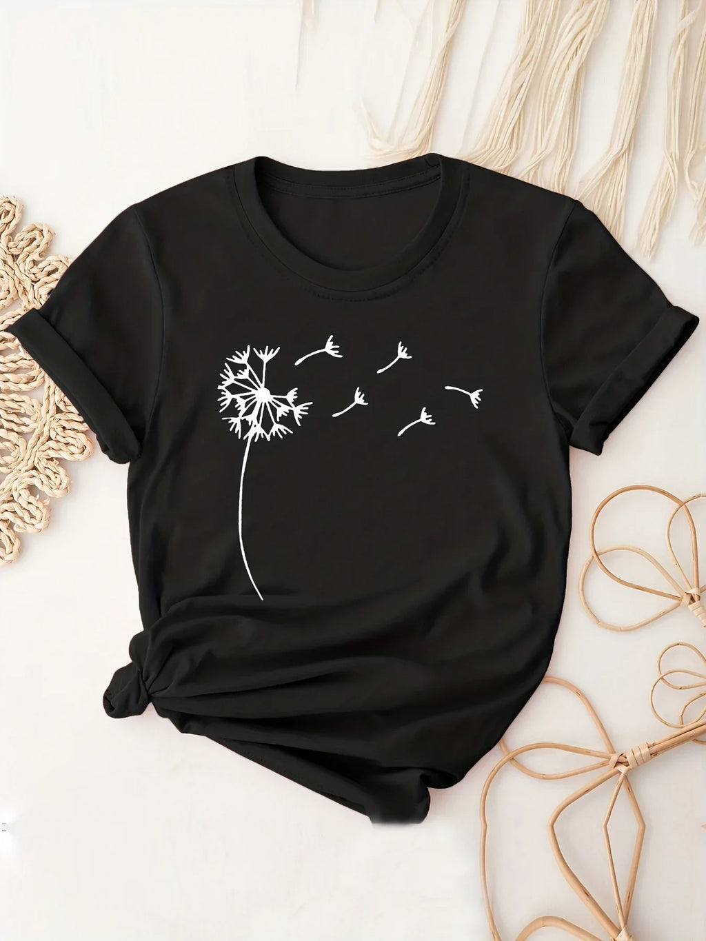 Dandelion Print Casual Crew Neck T-Shirt for Women, Short Sleeve Spring and Summer Top