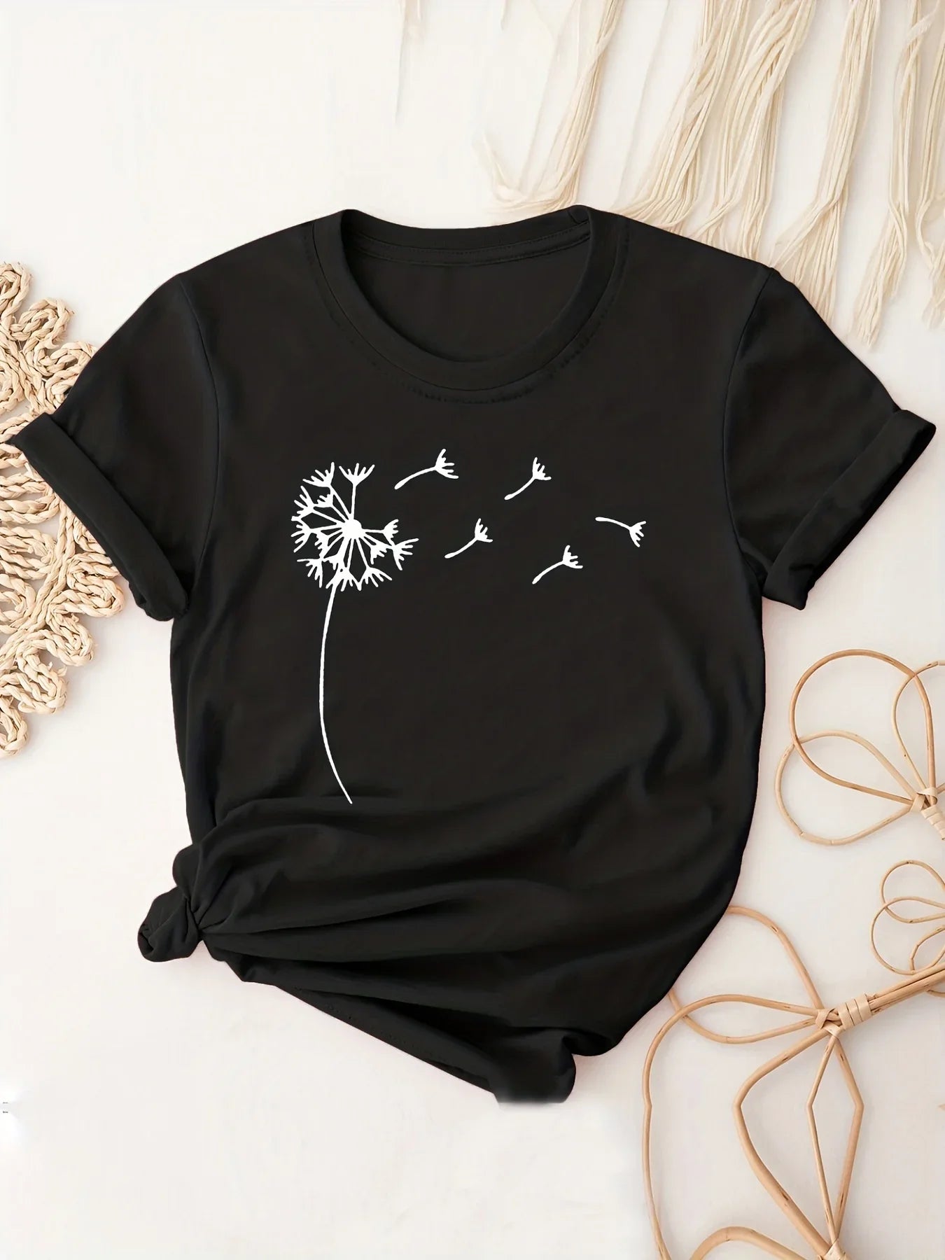 Dandelion Print Casual Crew Neck T-Shirt for Women, Short Sleeve Spring and Summer Top