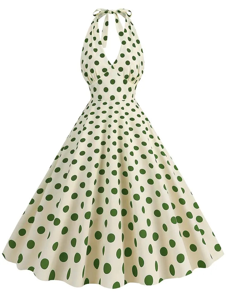 Vintage Polka Dot Halter Dress With Deep V Neck For Summer