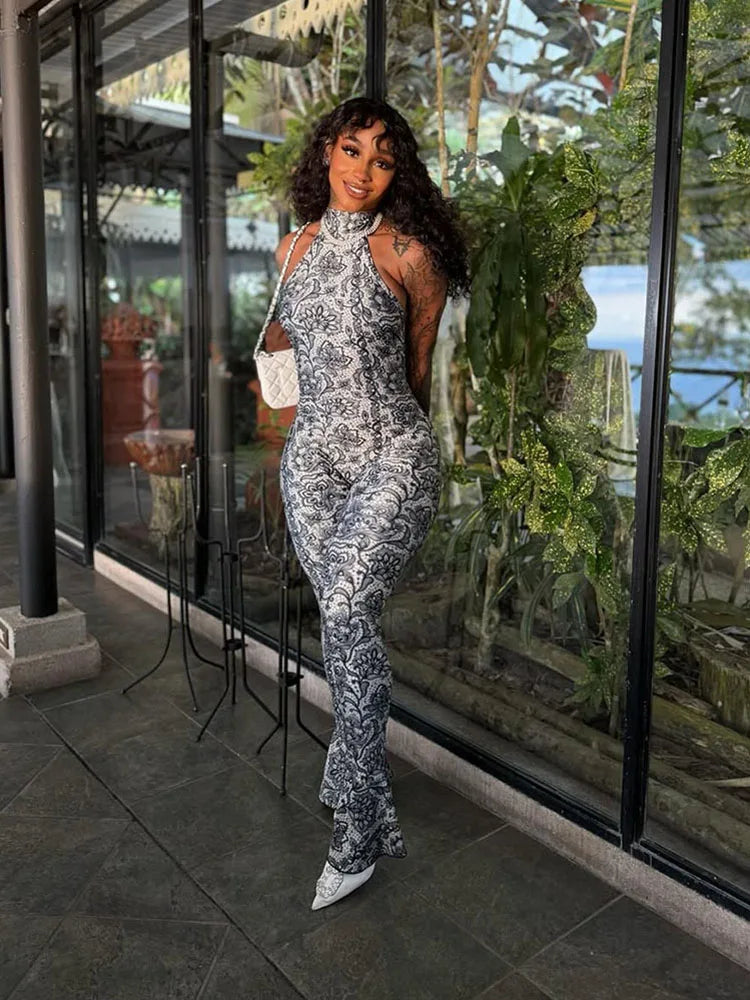 Attractive Y2K Women Jumpsuit Fashion Print Halter Neck Backless High Collar Off Shoulder Overalls for Nightclub Party