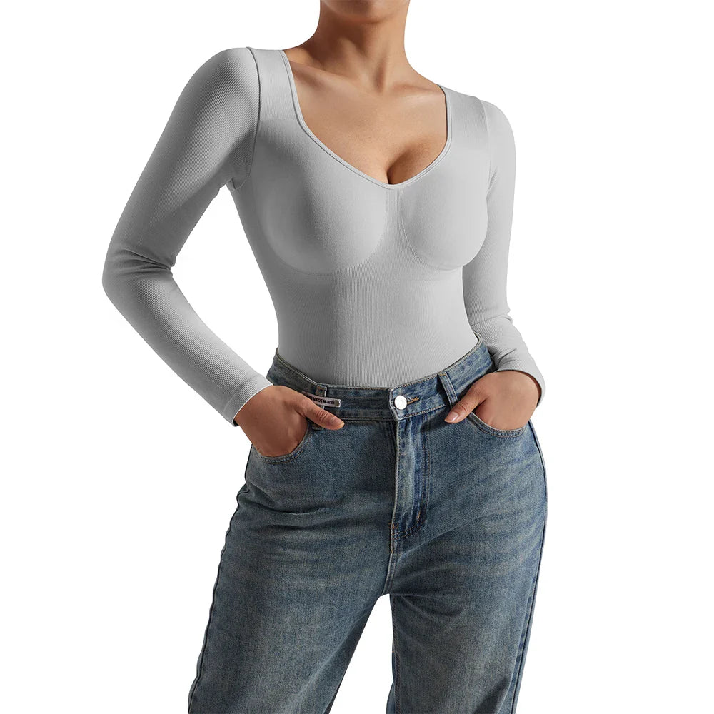 Sexy Long Sleeve Bodysuit for Women Skinny Bodycon V-Neck Push Up Romper Streetwear Jumpsuit