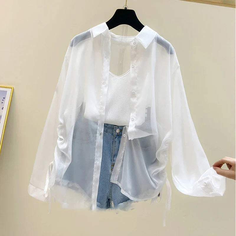 Women's Drawstring Long Sleeve White Sunscreen Shirt Lightweight Summer Chiffon Blouse Plus Size Casual Tops