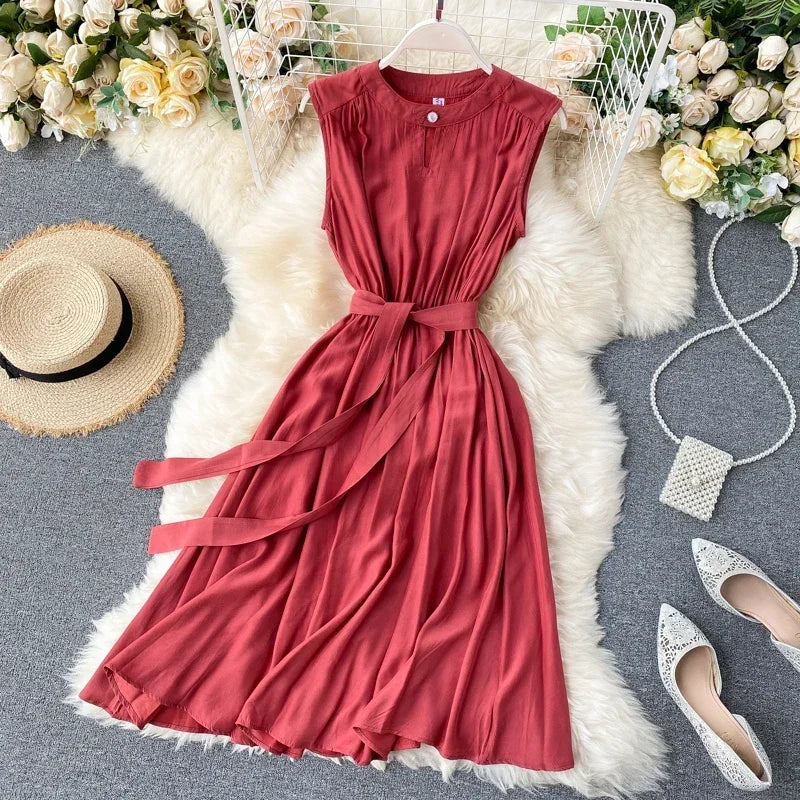 Sleeveless Summer Dress Solid Colors Green Blue Yellow Casual