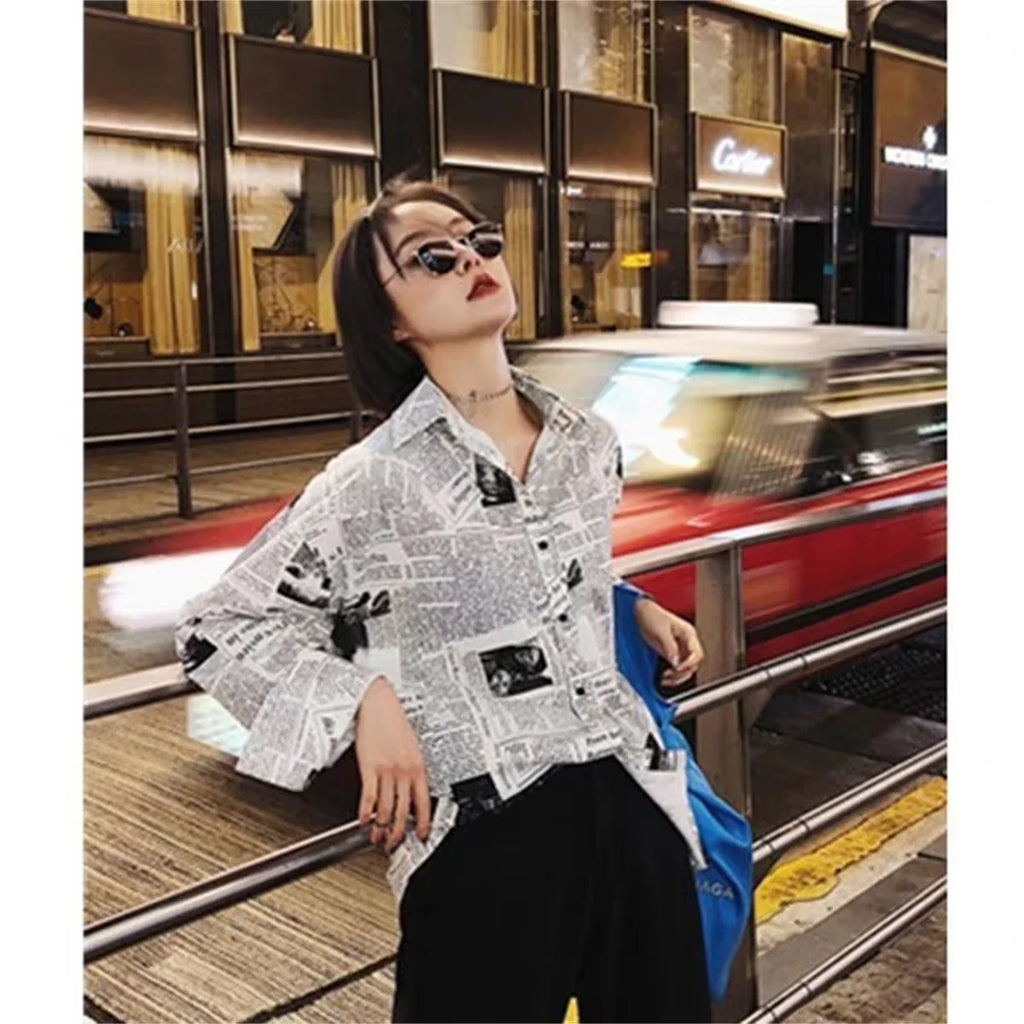 Women's Loose Fit Summer Blouse Thin Breathable Newspaper Print Shirt Sun Protection Long Sleeve Top Casual Streetwear